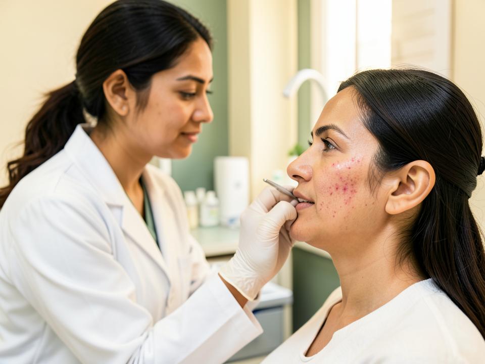 Dermatologist assessing acne scarring on a patient's cheek