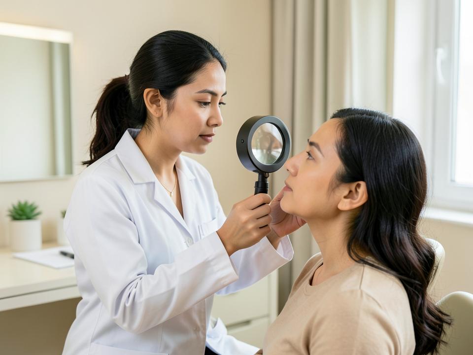 Dermatologist examining a patient's skin during an advanced skincare consultation