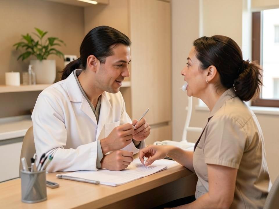 Dentist discussing oral health and fresh breath with a patient in consultation