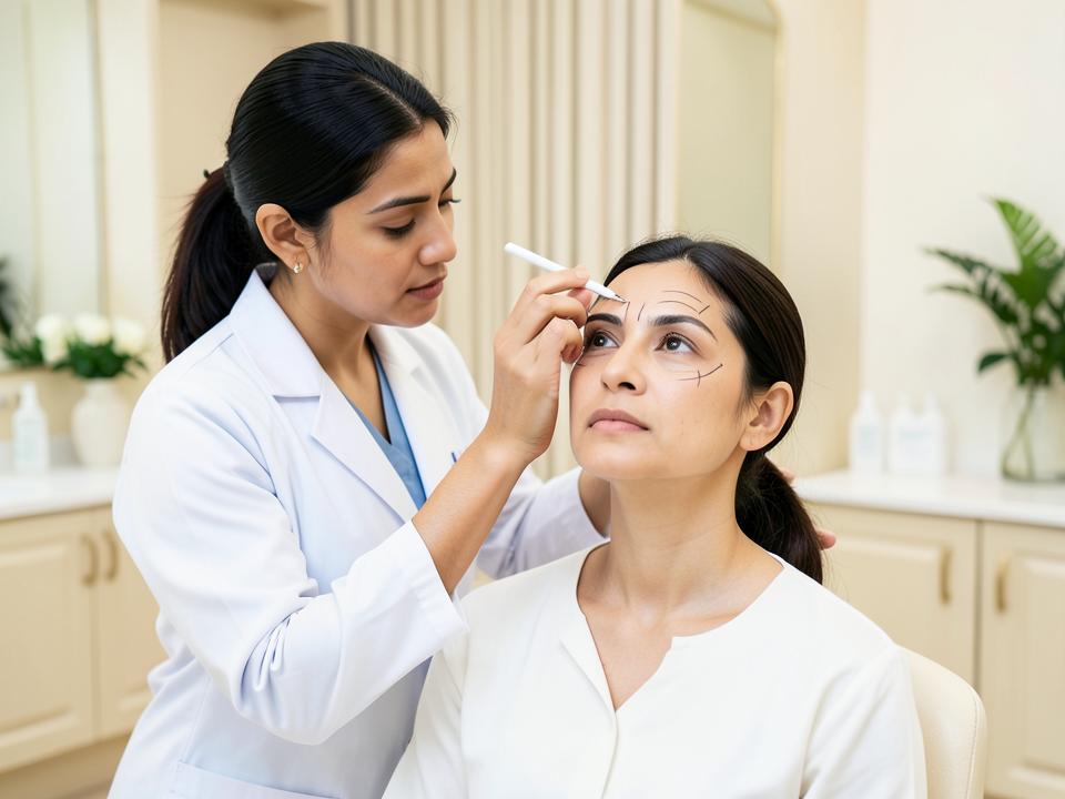 Doctor mapping facial expression lines during a Botox consultation
