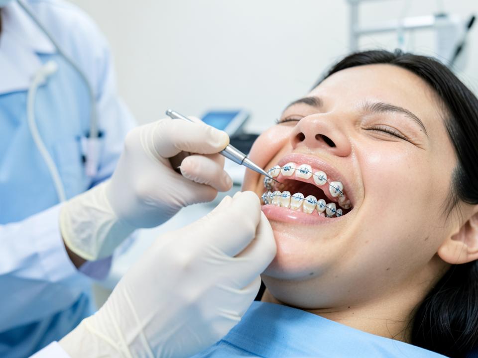 Orthodontist adjusting fixed braces on a patient's teeth