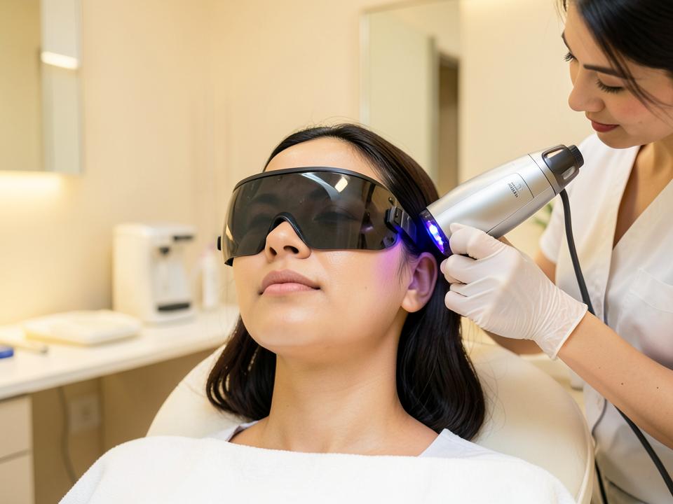 Clinician performing a carbon laser facial treatment with protective eyewear