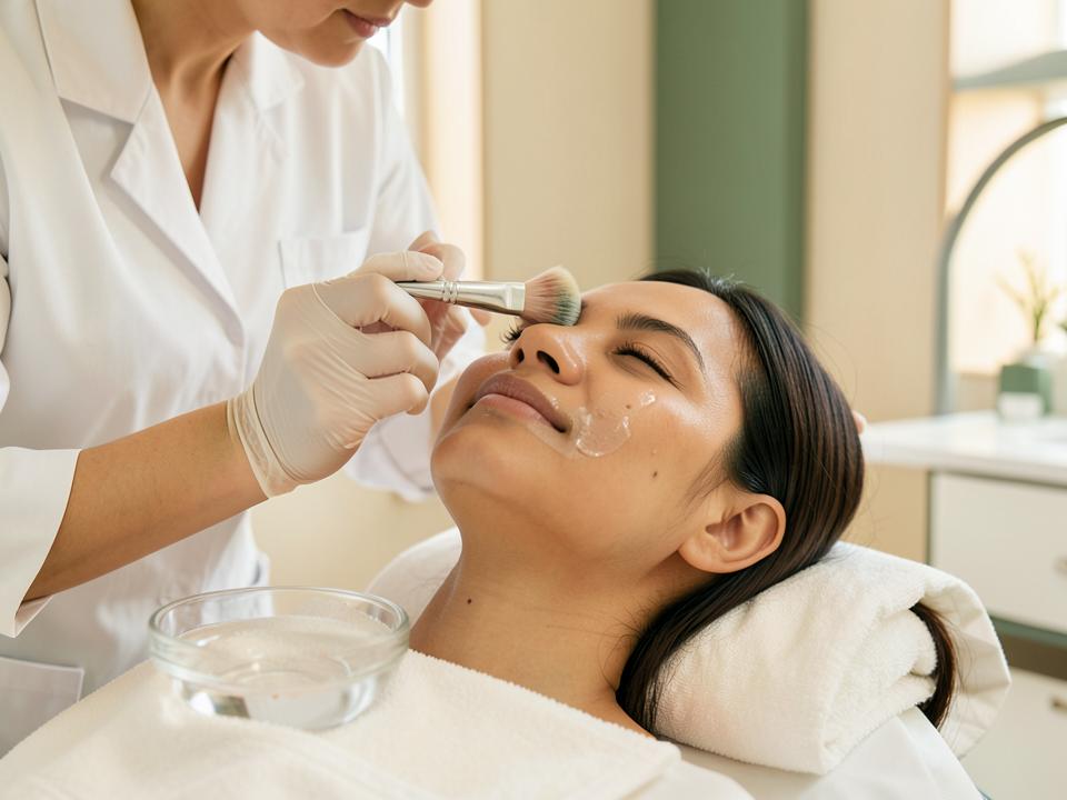 Clinician applying a professional chemical peel treatment to a patient's face