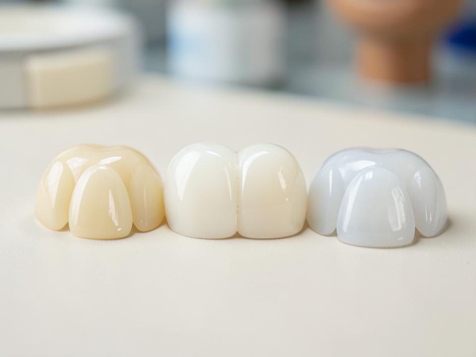 Porcelain dental crowns, bridge and veneers on a clean neutral surface