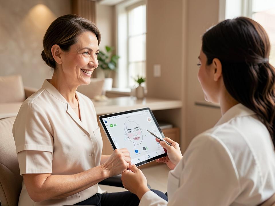 Dentist reviewing a smile design plan with a patient on a tablet