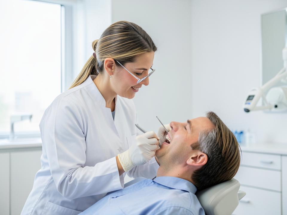 Dentist examining a patient's teeth during a routine dental checkup