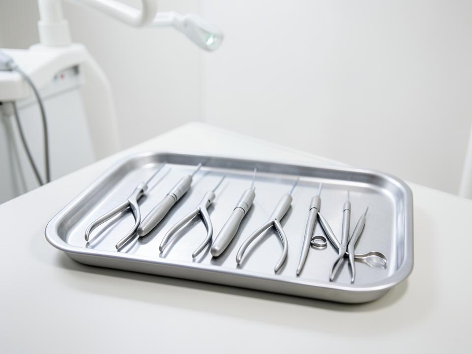 Sterile dental extraction instruments arranged on a tray in a modern dental clinic