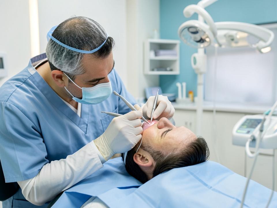 Dentist placing a tooth-colored composite filling in a modern dental clinic
