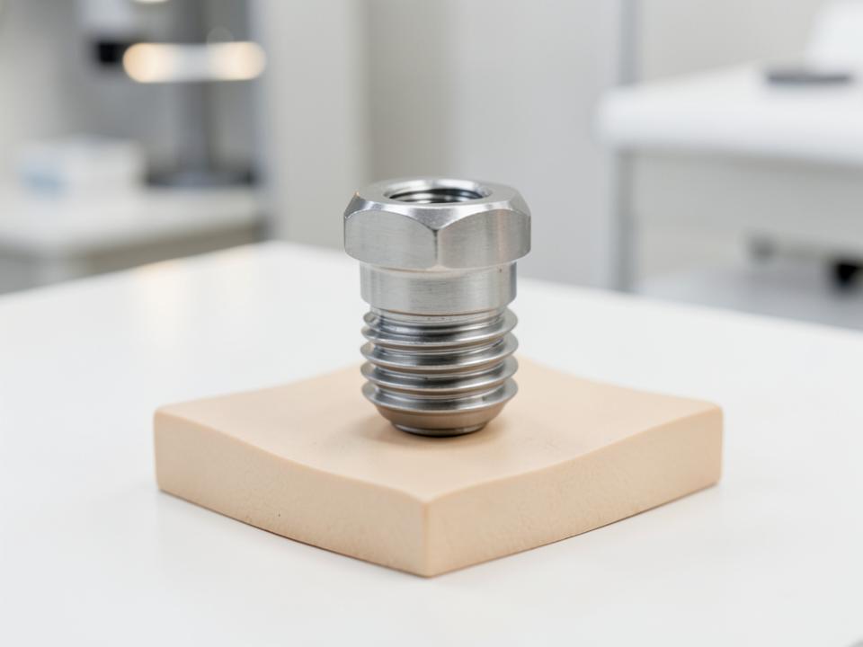 Dental implant model showing a titanium implant and crown in a clinical setting