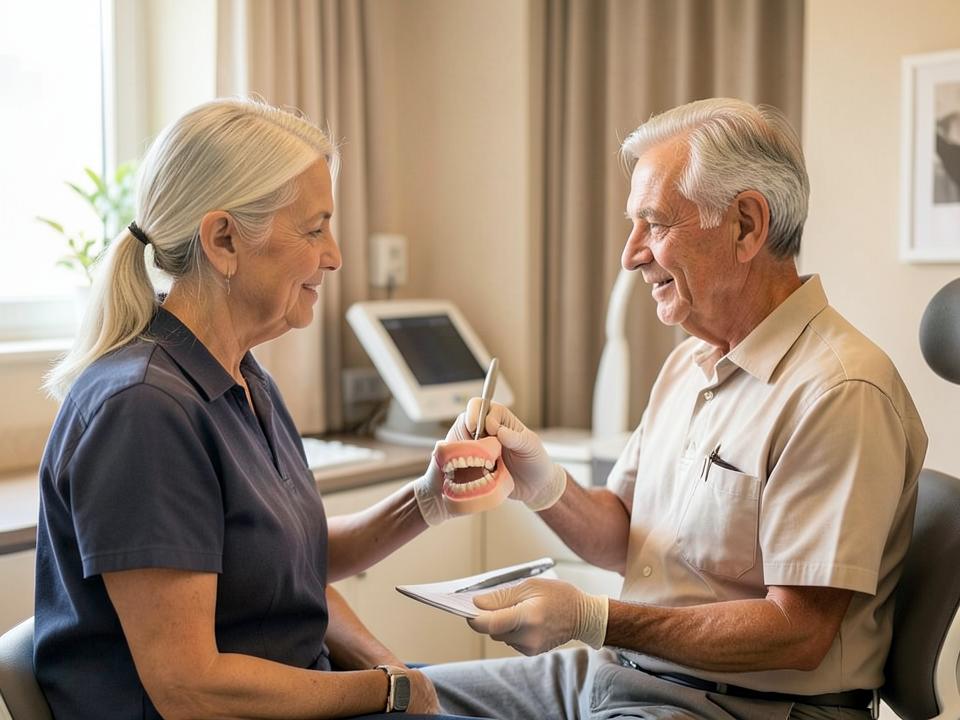 Dentist discussing a complete denture with a patient during a consultation