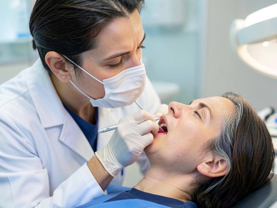 Dentist gently examining a patient's gums with a periodontal probe