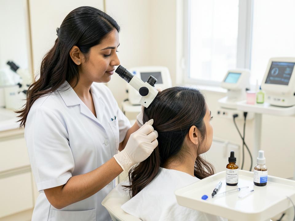 Hair specialist examining a patient's scalp before an exosome treatment