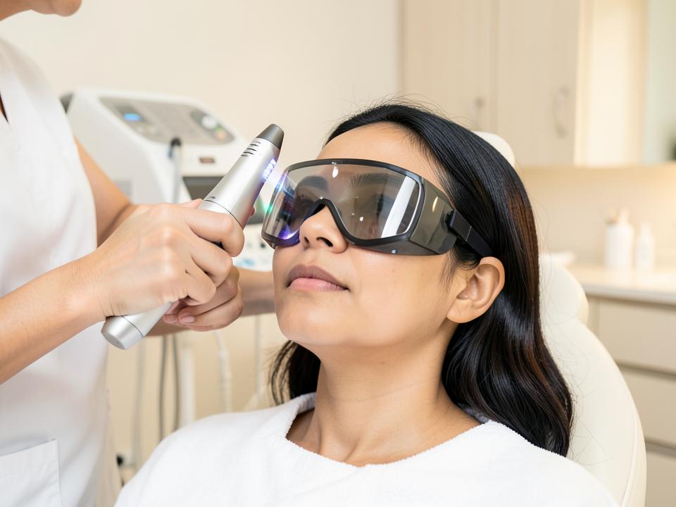 Patient receiving a Q-switched laser facial treatment with protective eyewear
