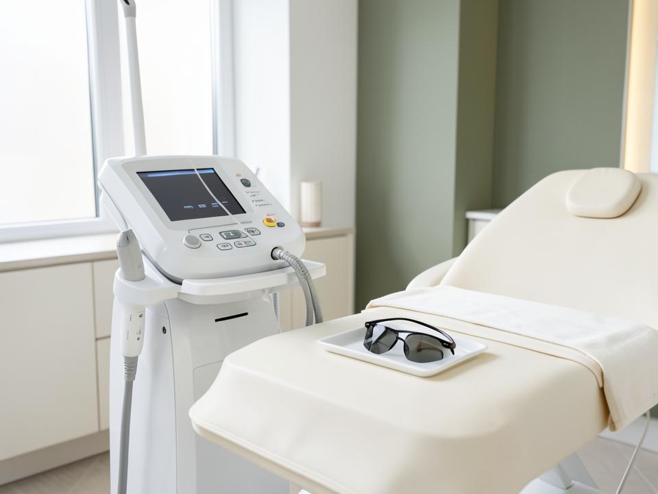 Modern laser hair removal equipment prepared in a dermatology treatment room
