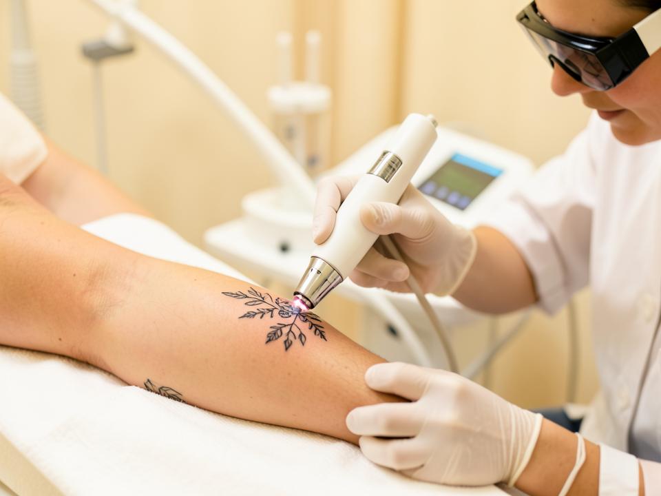 Clinician using a laser device to treat a small forearm tattoo