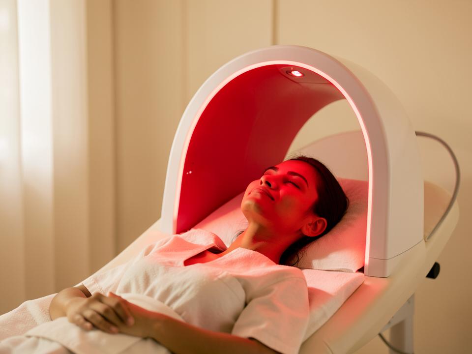 Patient receiving red LED light therapy in a modern dermatology clinic