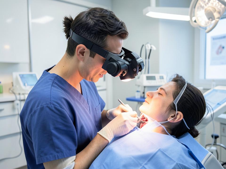 Dentist performing endodontic root canal treatment using magnification loupes