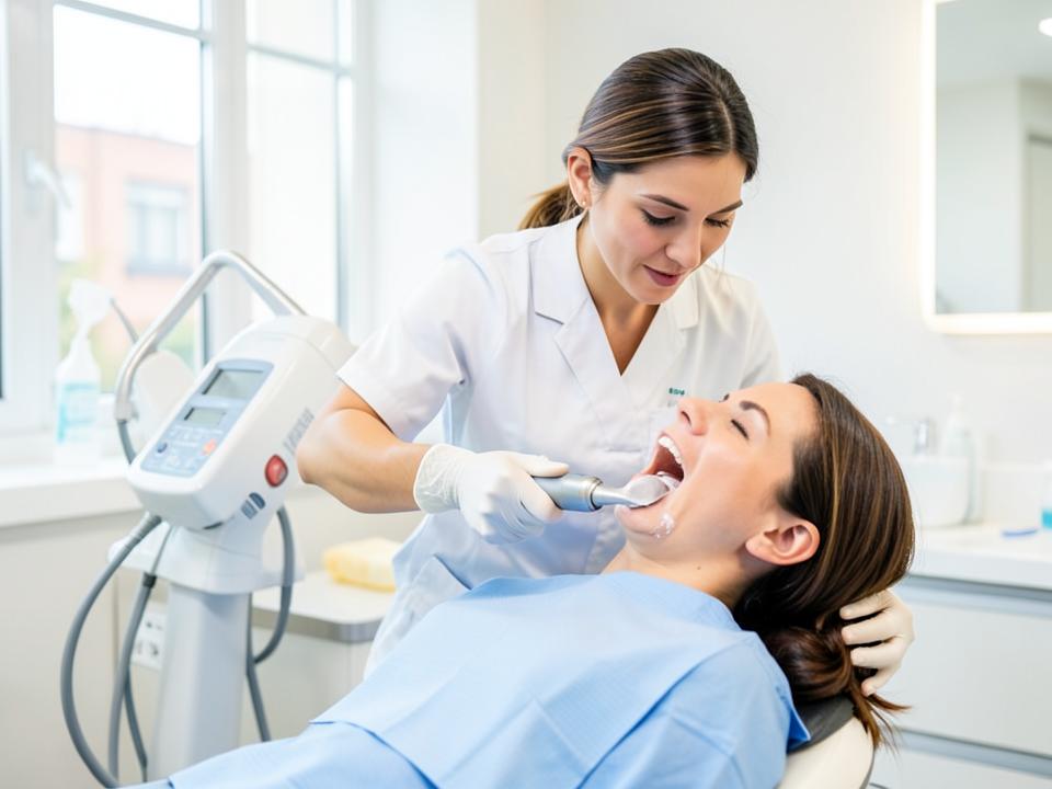 Dental professional performing scaling and polishing cleaning on a patient