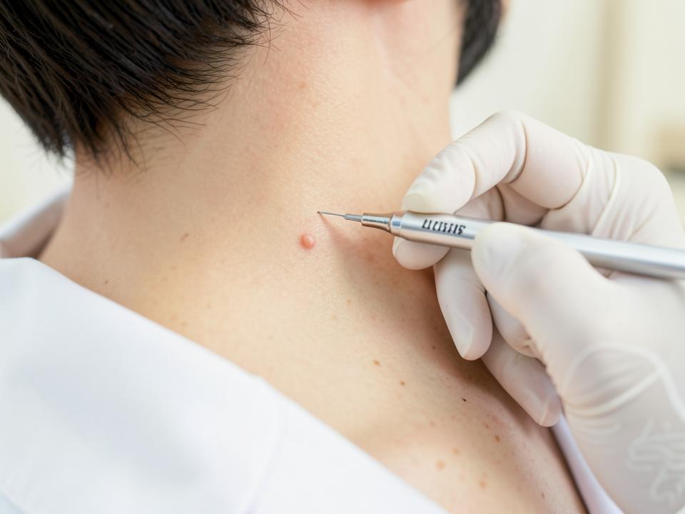 Dermatologist carrying out a precise skin tag assessment and removal procedure