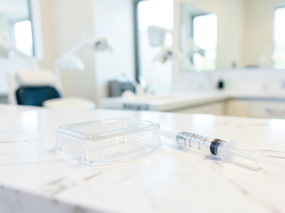 Professional teeth whitening tray and gel prepared in a modern dental clinic