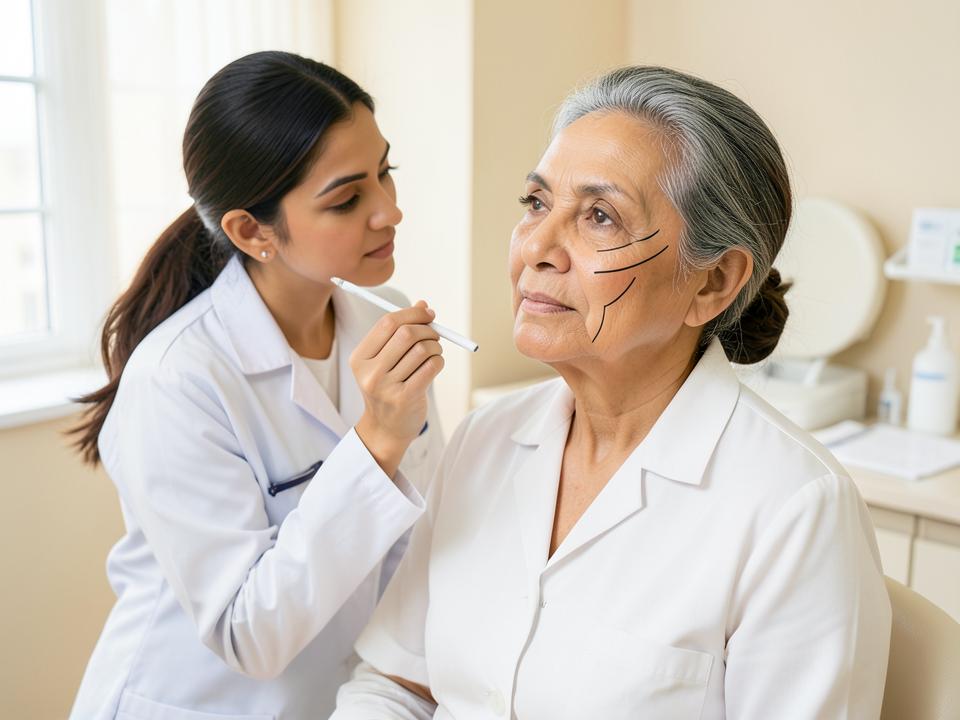 Doctor marking facial contours before a thread lifting treatment